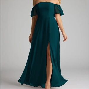 Azazie Sue Pine A-Line Off the Shoulder Chiffon Dress